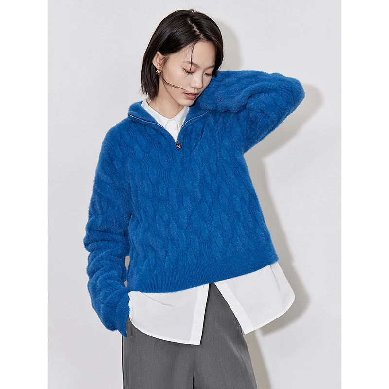 TOYOUTH Women Knitted Sweater 2024 Autumn Winter New Grid Pattern Zipper Polo Collar Fake Fur Pullover Tops