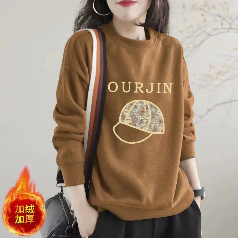 LISM women's winter clothes y2k hoodies sweatshirt 2025 Print Fleece Thick Casual O Neck Long Sleeve Loose Pullover Hoodies