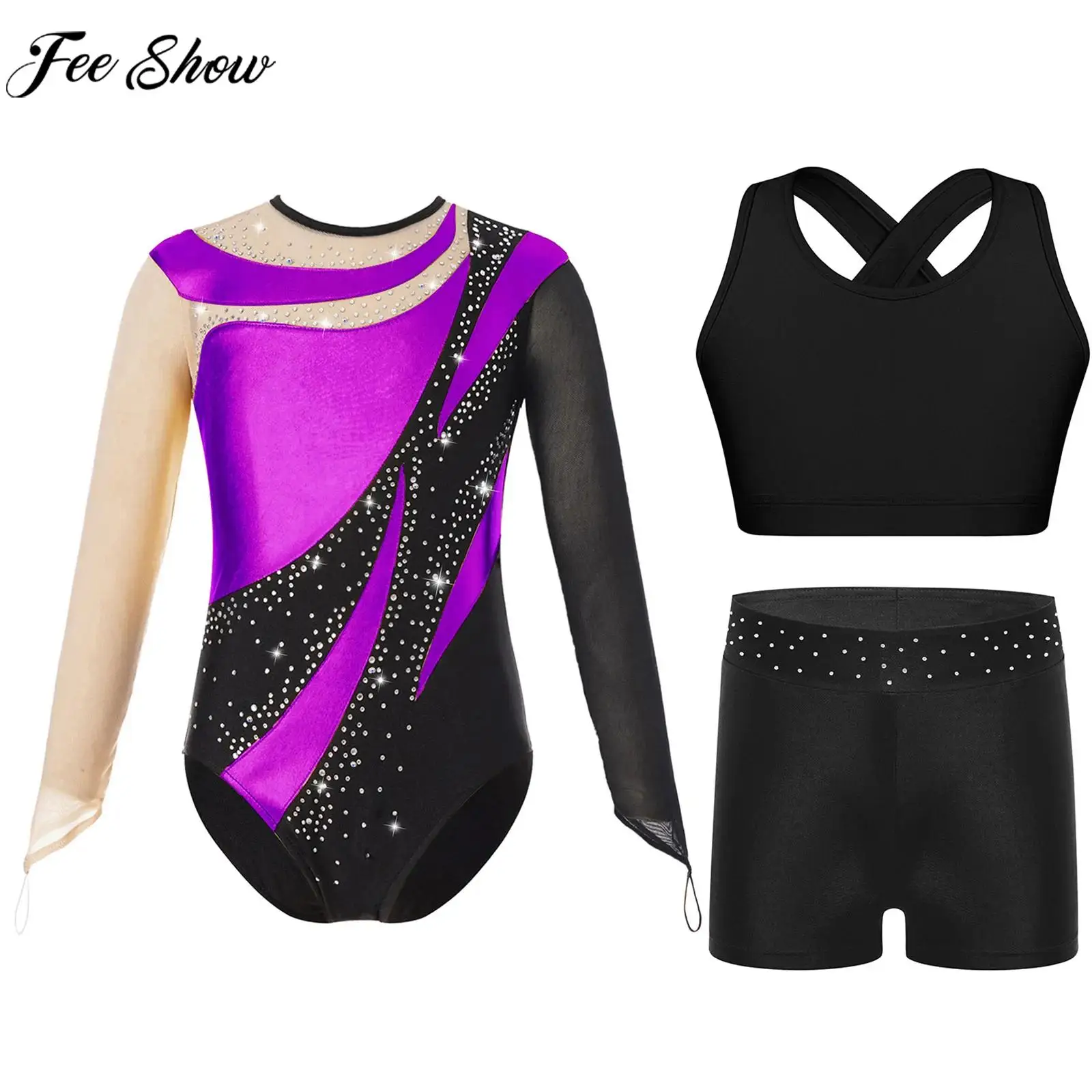 Girls Ballet Dance Leotard Long Sleeve Gymnastics Bodysuit with Vest Shorts Skating Yoga Acrobatics Sports Fitness Workout Set