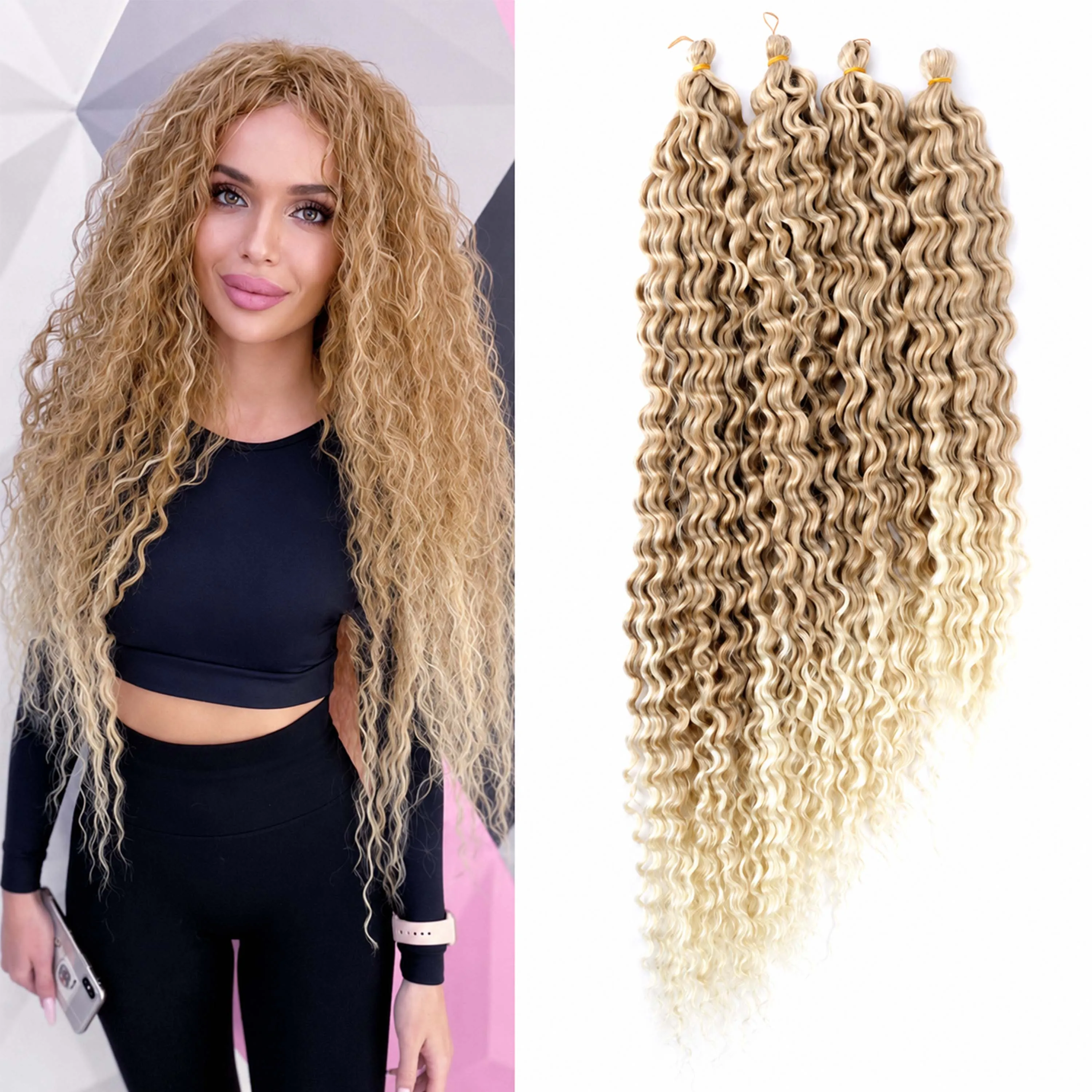 4 Bundle Deals Ombre Blonde Deep Water Wave Crochet Hair 20 24 28 34 inch Extension For Women Child Afro Kinky Curly Hair
