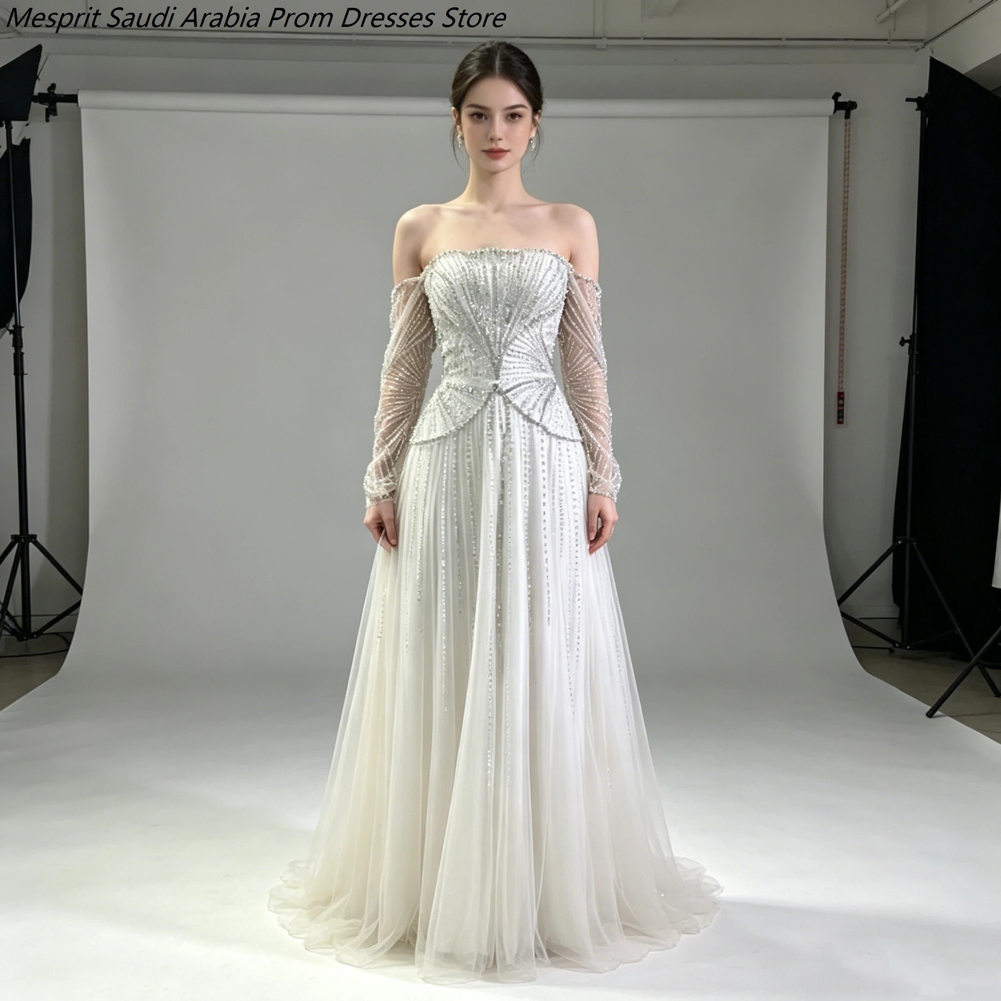

Women's A-line Evening Dresses Floor-length Off The Shoulder Full Sleeve Prom Dresses Fashion Crystal Draped Customized Gowns