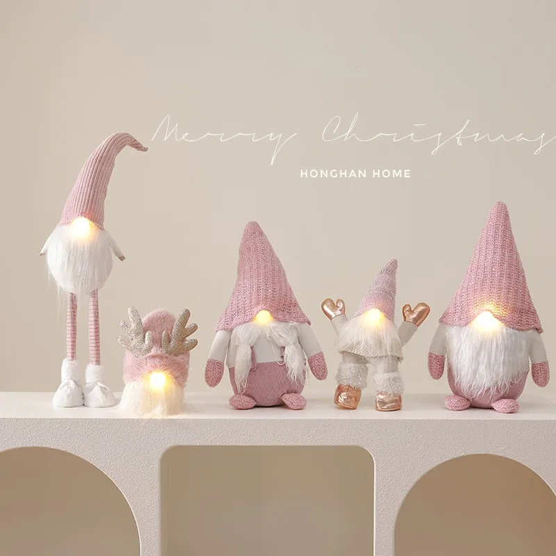 Christmas Decorative Ornament with Light Pink Cute Faceless Santa Claus Window Decoration Desktop Ornament Room Decor
