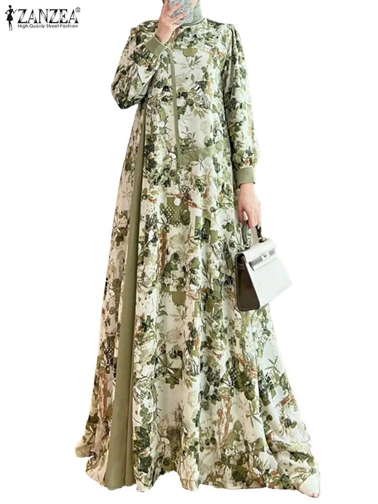 ZANZEA Fashion Patchwork Robe Femme Long Sleeve Floral Printed Sundress Kaftan Women Maxi Dress Muslim Abaya Hijab Vestidos