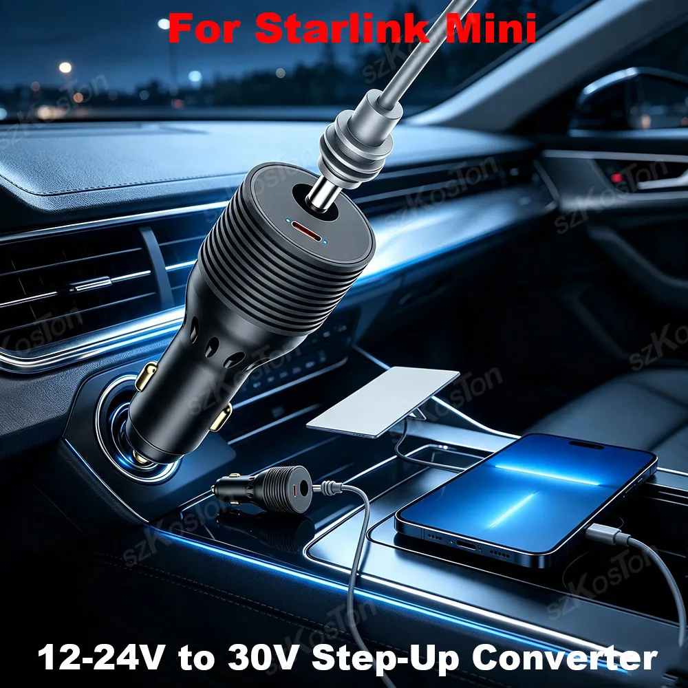 For Starlink Mini Car Adapter 2-in-1 12-24V to 30V DC Step-Up Converter 90W USB-C Charging Cigarette Lighter Adapter Accessories