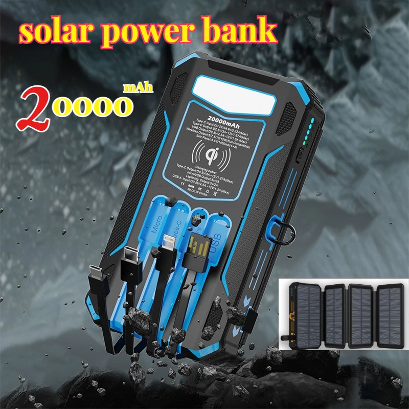 

Солнечное трехкратное зарядное устройство, 20000 мАч, встроенное 4 кабеля с беспроводным зарядным устройством, супер яркая светодиодная подсветка для IPhone, Xiaomi, Huawei, Samsung