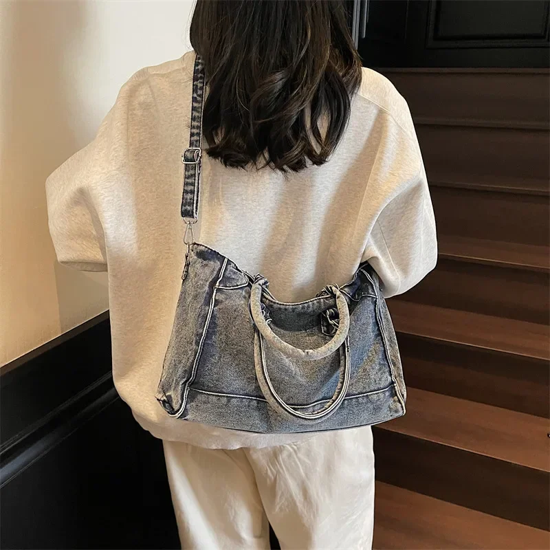 

2025 Women's Vintage Denim Sling Bag - Washed Canvas Shoulder Purse with Patchwork, Trendy College Bag for Campus & Casual Style