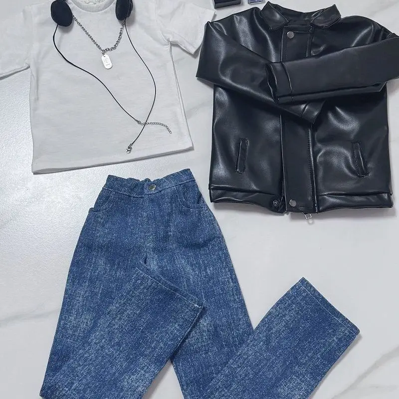 

Комплект одежды для куклы 1/3 (75 см) для мужской куклы BJD: джинсы с коротким рукавом, кожаная куртка, набор для переодевания, игрушки для игры в домик, аксессуары для кукол