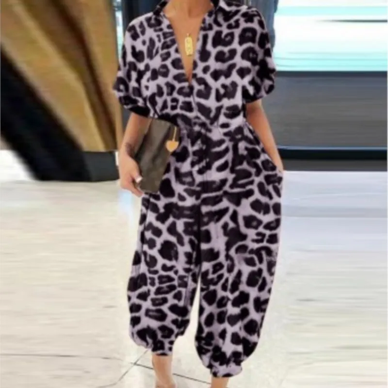 Sexy V Neck Short Sleeve Jumpsuit Office Lady Spring Summer Casual Leopard Print Jumpsuits For Women 2024 One Piece Rompers