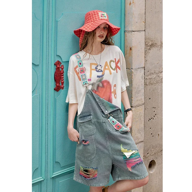 ELFSACK Embroidered Strap Denim Overall Shorts, Colorful Patchwork Pocket Short Overalls, Casual Loose Bottoms