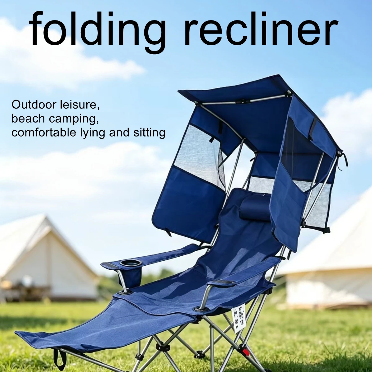 Outdoor Folding Lounge Chair with Canopy, Adjustable Backrest and Footrest—Camping Chair for Sun Protection and Rain Shelter