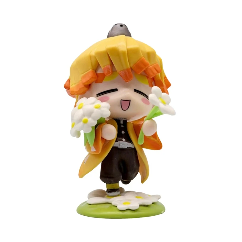 6-teiliges Set süßer Demon Slayer-Figuren, Geburtsblume, 9 cm große Anime-Figuren, Nezuko und Tanjiro, bewegliche PVC-Desktop-Ornamente