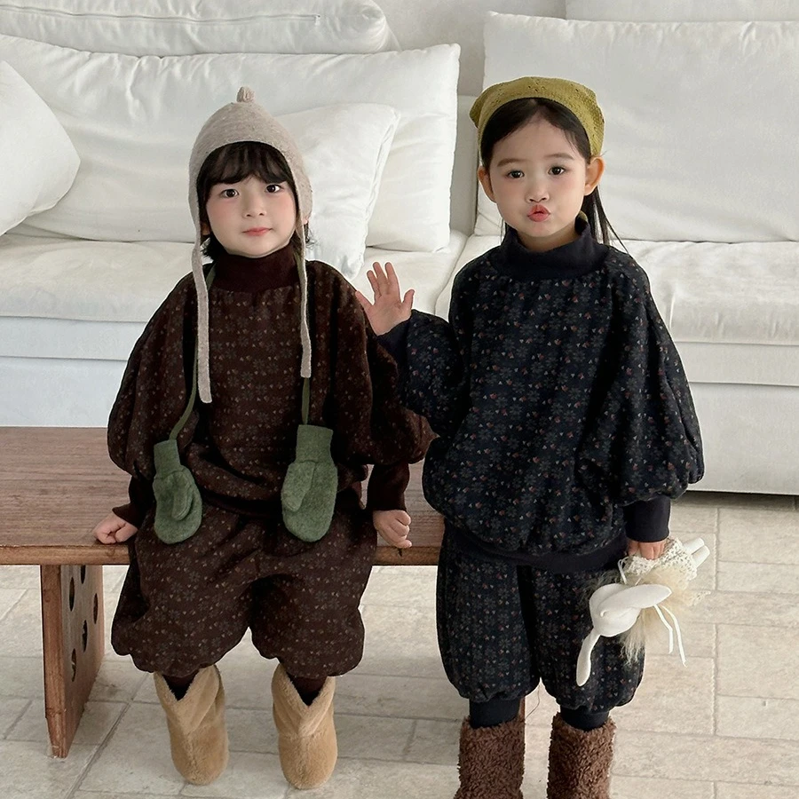 

Suit 2025 Autumn and Winter New Childrens Clothing Boys and Girls Floral High Collar Plus Velvet Hoodie Tie Feet Pants Two Sets