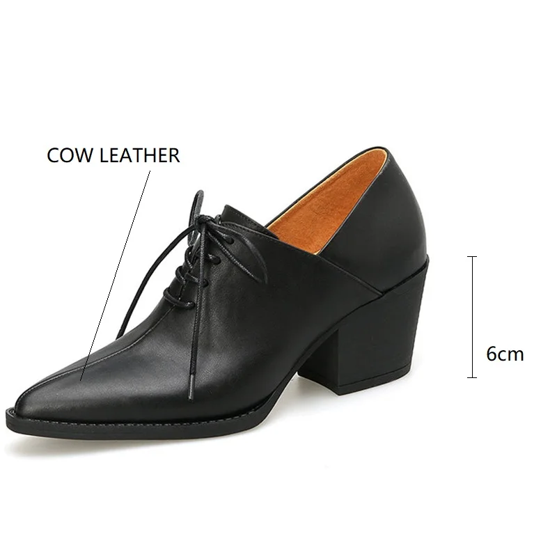 New Spring Genuine Leather Women Shoes Pointed Toe Women Pumps Fashion High Heel Loafers Shoes for Women Chunky Heel Shoes Black