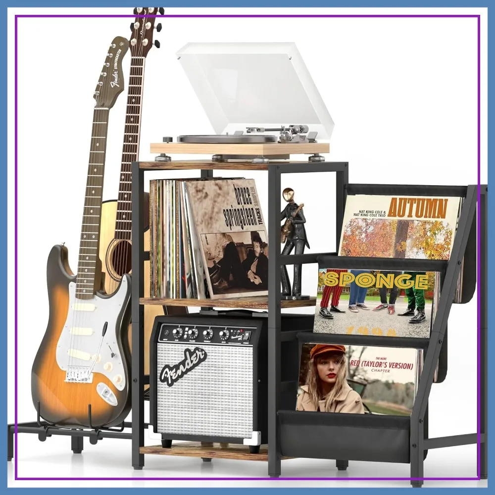 

Record Player Stand with Guitar Holder, Rack for Acoustic, Electric, Bass Guitars, Vinyl Record Stand, Floor Stand for Studio