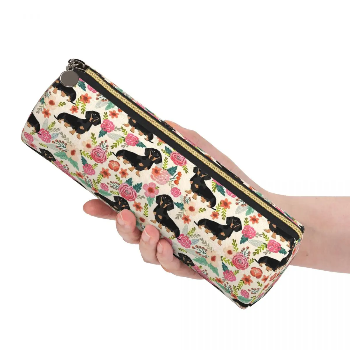 Dachshund Sausage Floral Dog Pattern Pencil Cases Pencil Pouch Cylinder Pen Box Pencil Bag for Studen School