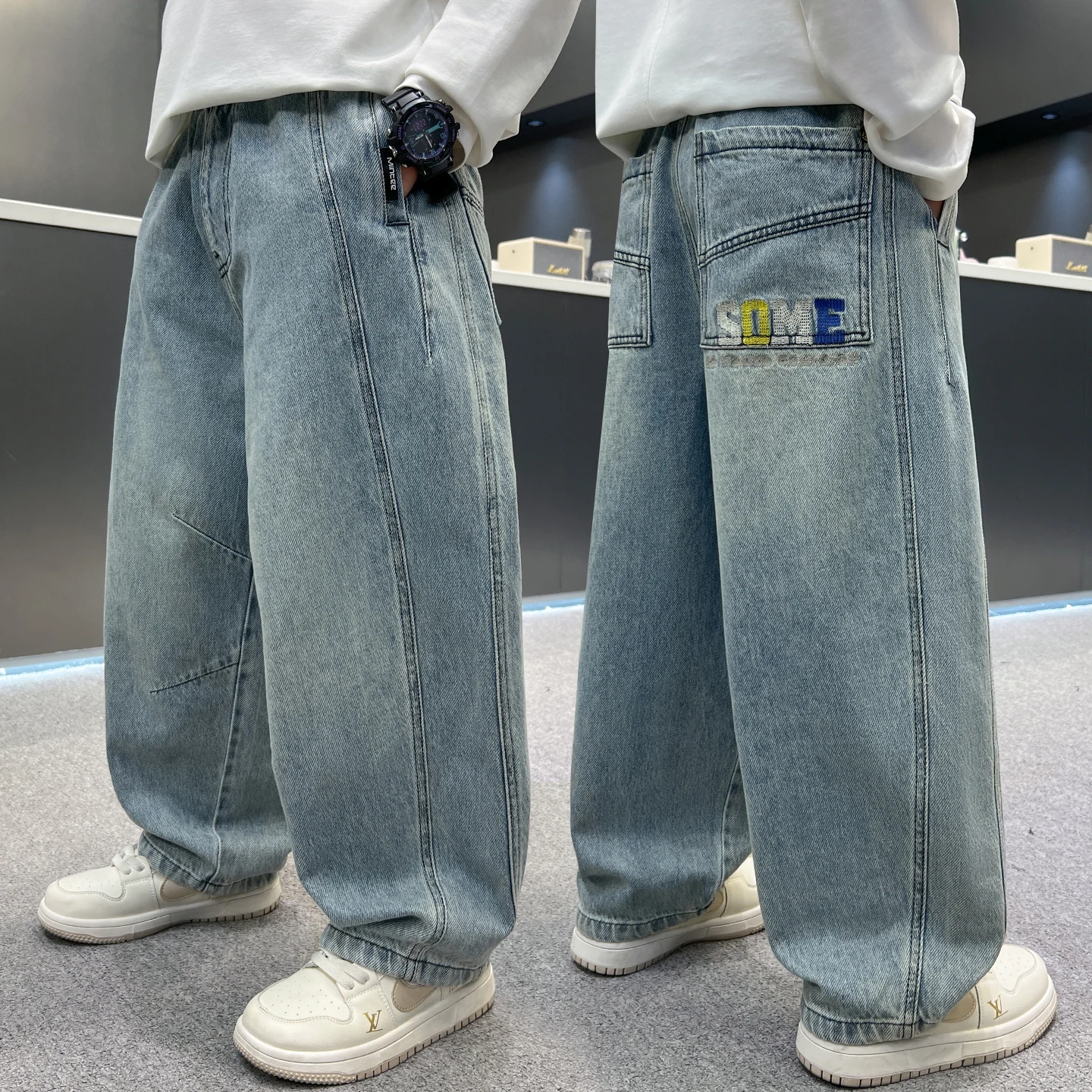 

Trendy Letter Print Casual Versatile Loose Fit Jeans for Boys Spring Autumn Middle Large Children Straight Leg Long Pants