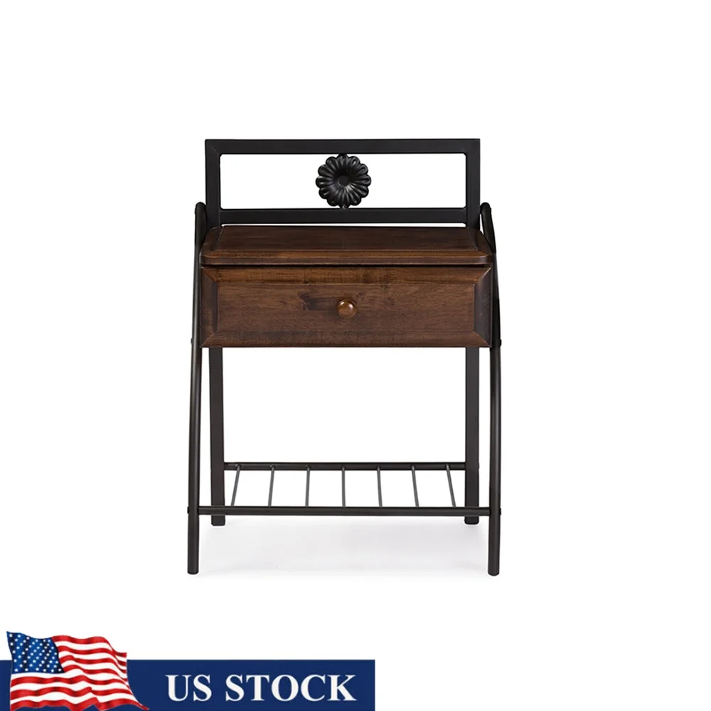 

Vintage Industrial Metal Nightstand with Drawer and Shelf Black Finished Bedside Table Bedroom Living Room Storage