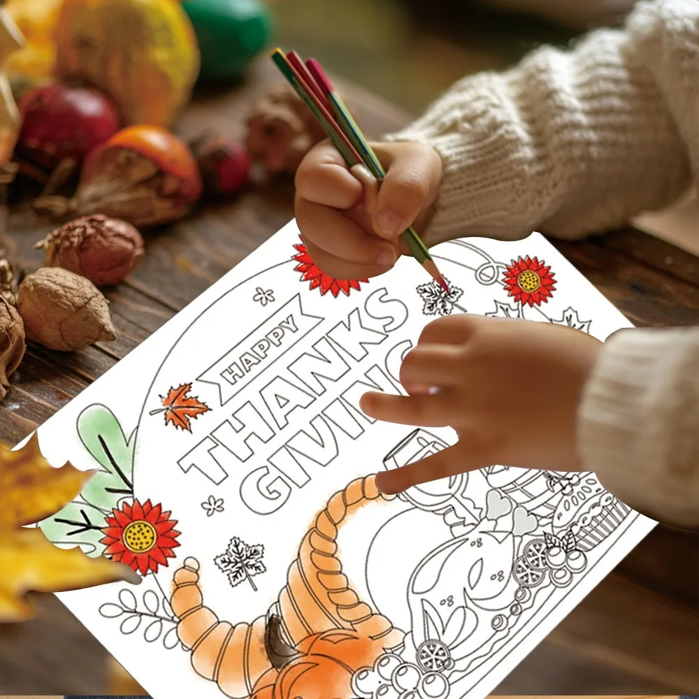 

8pcs Hand-painted Thanksgiving Placemat Turkey Pumpkin Cup Plate Mat DIY Paper Placemat Turkey Design Paper Material Cup Mat