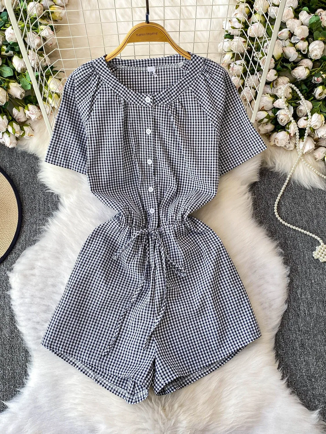 Vestido Ajustado a Cuadros con Cuello Redondo y Cordón, Diseño de Verano para Mujer, Plones Anchos de Cintura Alta, Corto...