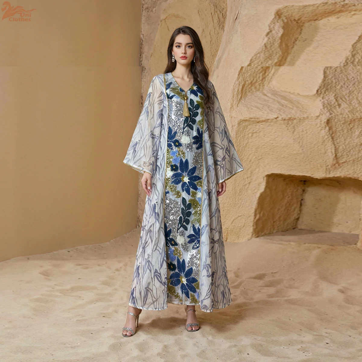 

Uni Dubai Sequins Luxury Woman Evening Dress Mesh Sleeve Abaya V-Neck Tassel Caftan Marocain Femme 2025