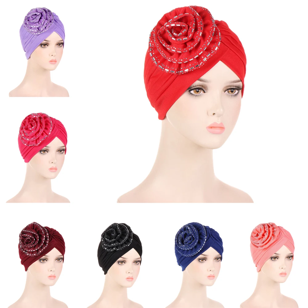 

Lastest Diamonds Flower Turban Bonnet for Women Muslim Hijab Headscarf Cap Wedding Party Headwear Turbante Mujer African Headtie