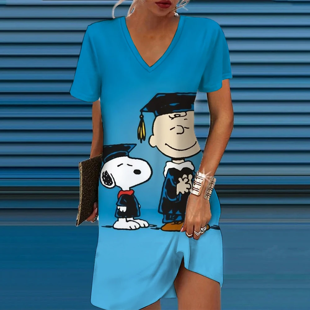 Dames Jurken Zomer Mode Snoopy Print V-Hals Losse Bohemian Vakantie Vrouw Basic Vestidos Met Korte Mouwen