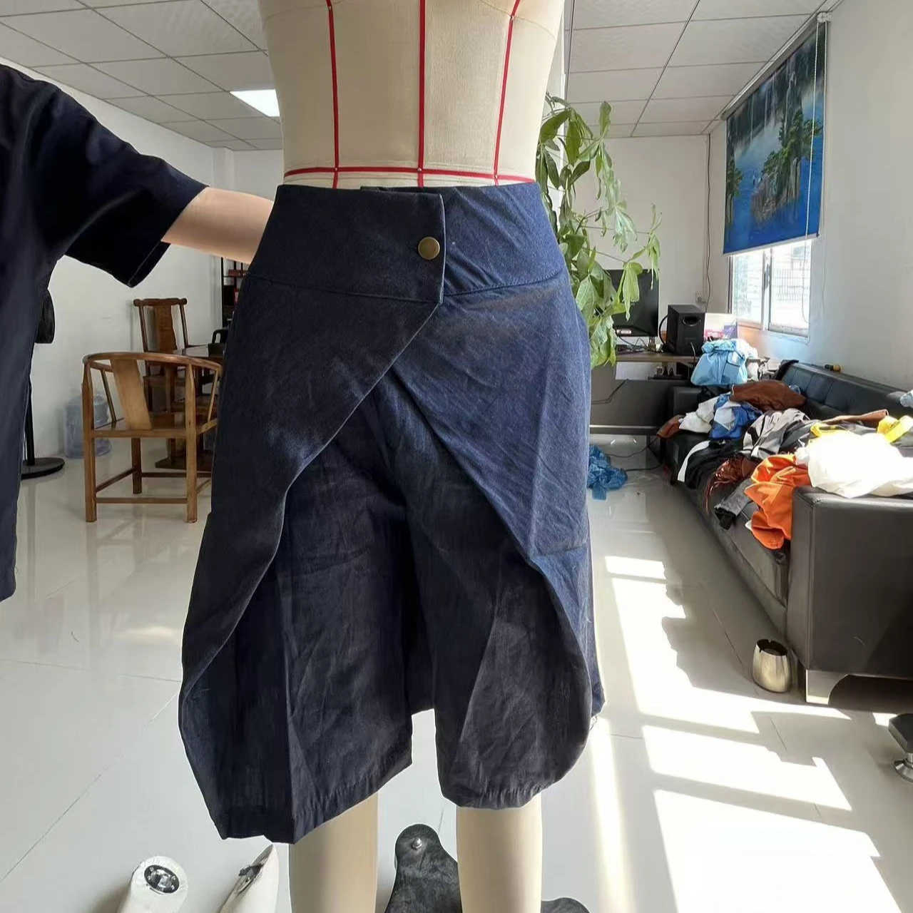 2026 Women's Indie Station Denim Shorts Asymmetric Five-Quarter Length High Waist Loose Fit Summer Season  Fabric