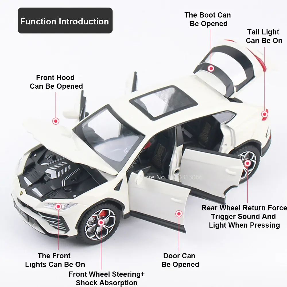1:24 URUS سبيكة دييكاست لعبة مجسمة سيارات الصوت ضوء الأبواب مفتوحة التراجع مصغرة SUV زخرفة المركبات هدايا للأطفال