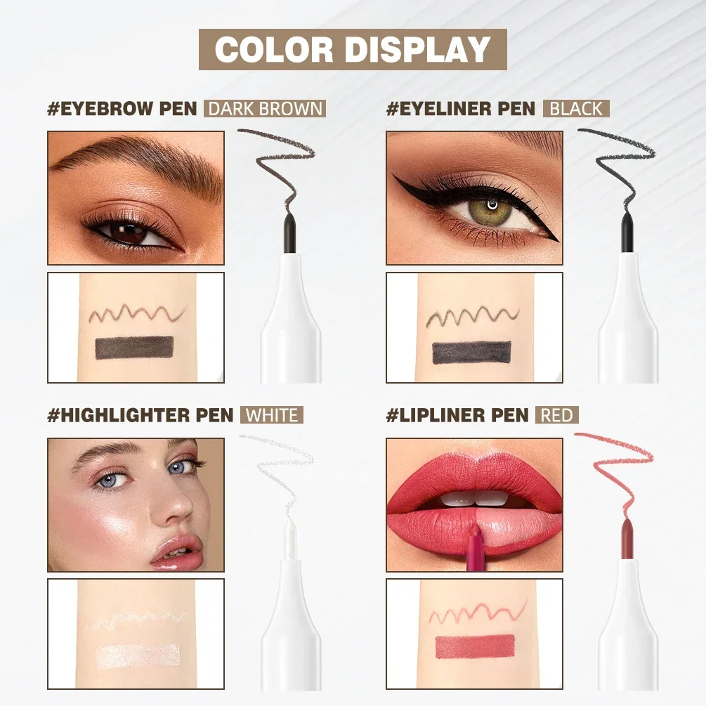 QIBEST Eyeliner opaco per trucco 4 in 1, matita per labbra, matita per sopracciglia e evidenziatore in 1 stick Cosmetico multiuso di nuovo design duraturo