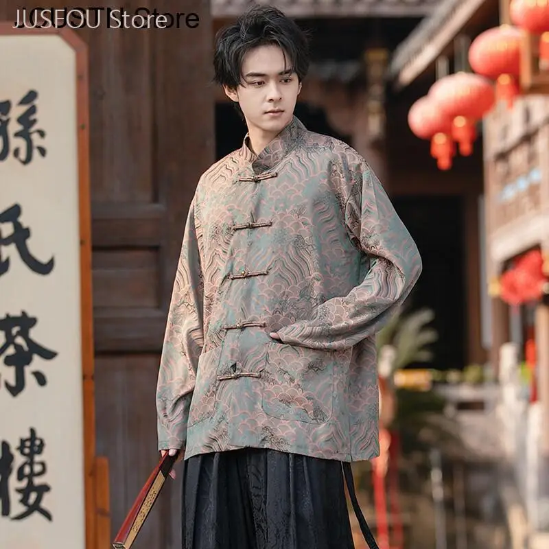 Men Vintage Satin Tang Suit Top Chinese Traditional Long Sleeve Shirt Mandarin Collar Button Down Jacket Ethnic Oriental Hanfu