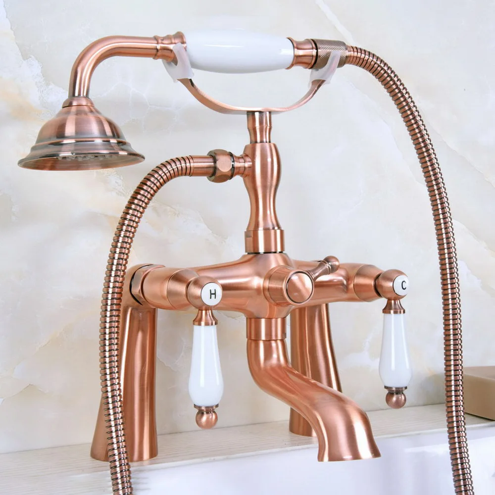 

Antique Red Copper Double Handle Deck Mounted Bathroom Bath Tub Faucet Set with 150CM Hand Held Shower Spray Mixer Tap 2na174