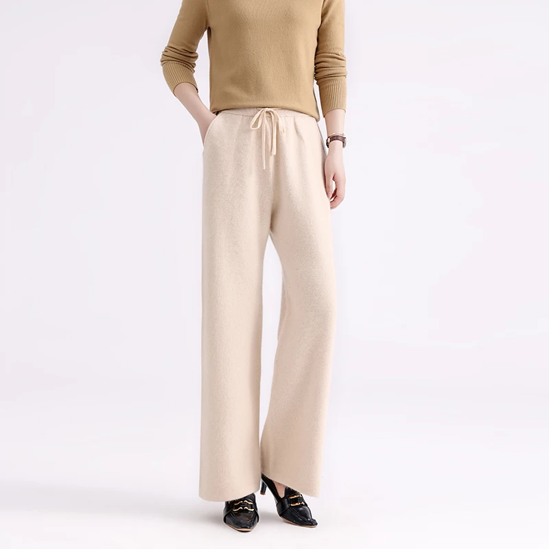 100% Pure Wool Pants Cashmere Wide Leg Trousers Women\'s High Waisted Knit Loose Casual Straight Leg Pants Autumn Winter New