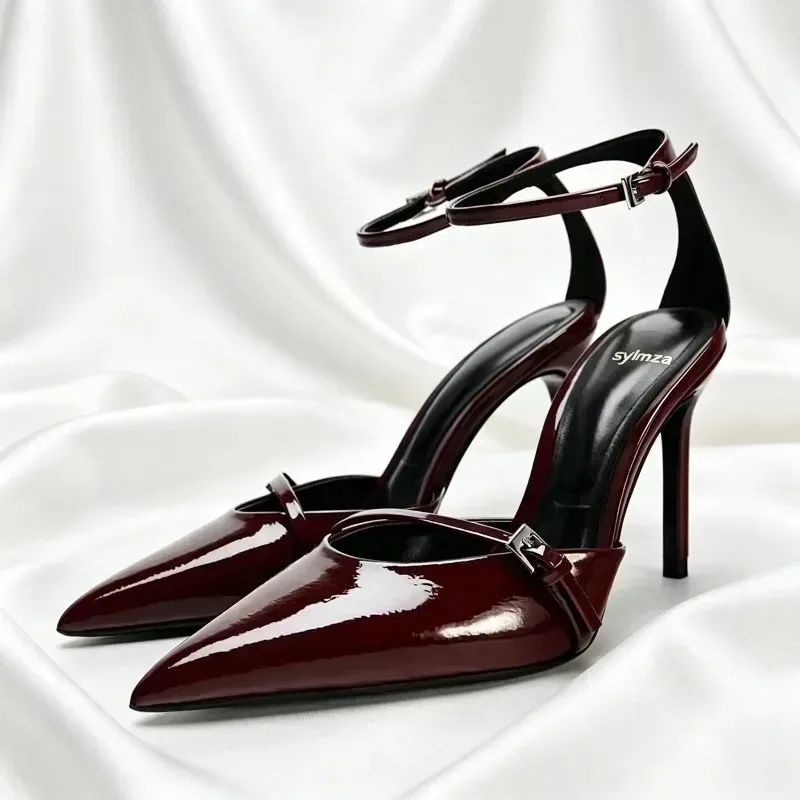 

Patent Leather Sexy Thin High Heels Women Ankle Strap Pointed Pumps Dress Shoes Belt Buckle Elegant Brand Office Sandals Women