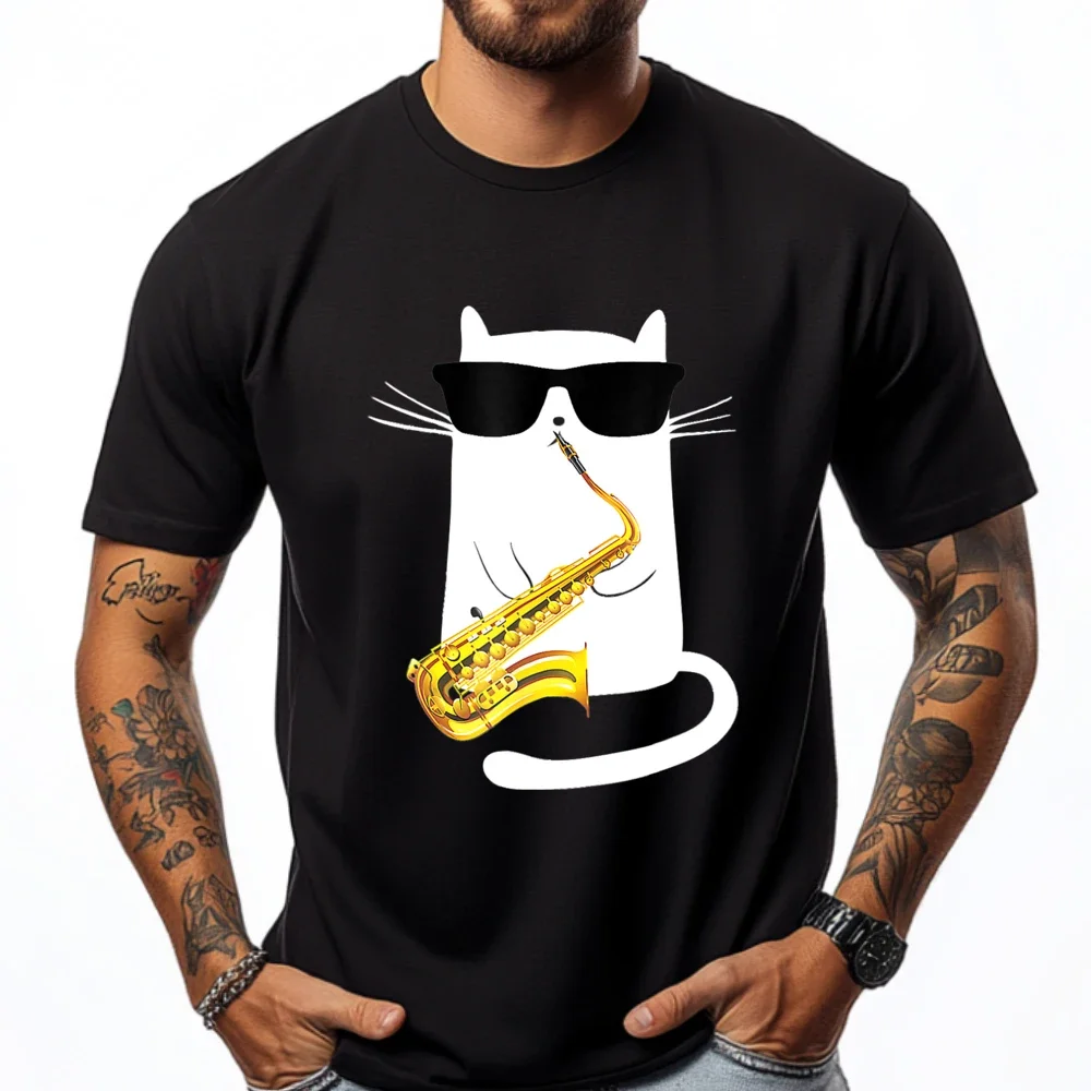 Camiseta chat portant des lunettes de soleil, diversión, jugant du saxofón, automne, alta calidad, taille, rue