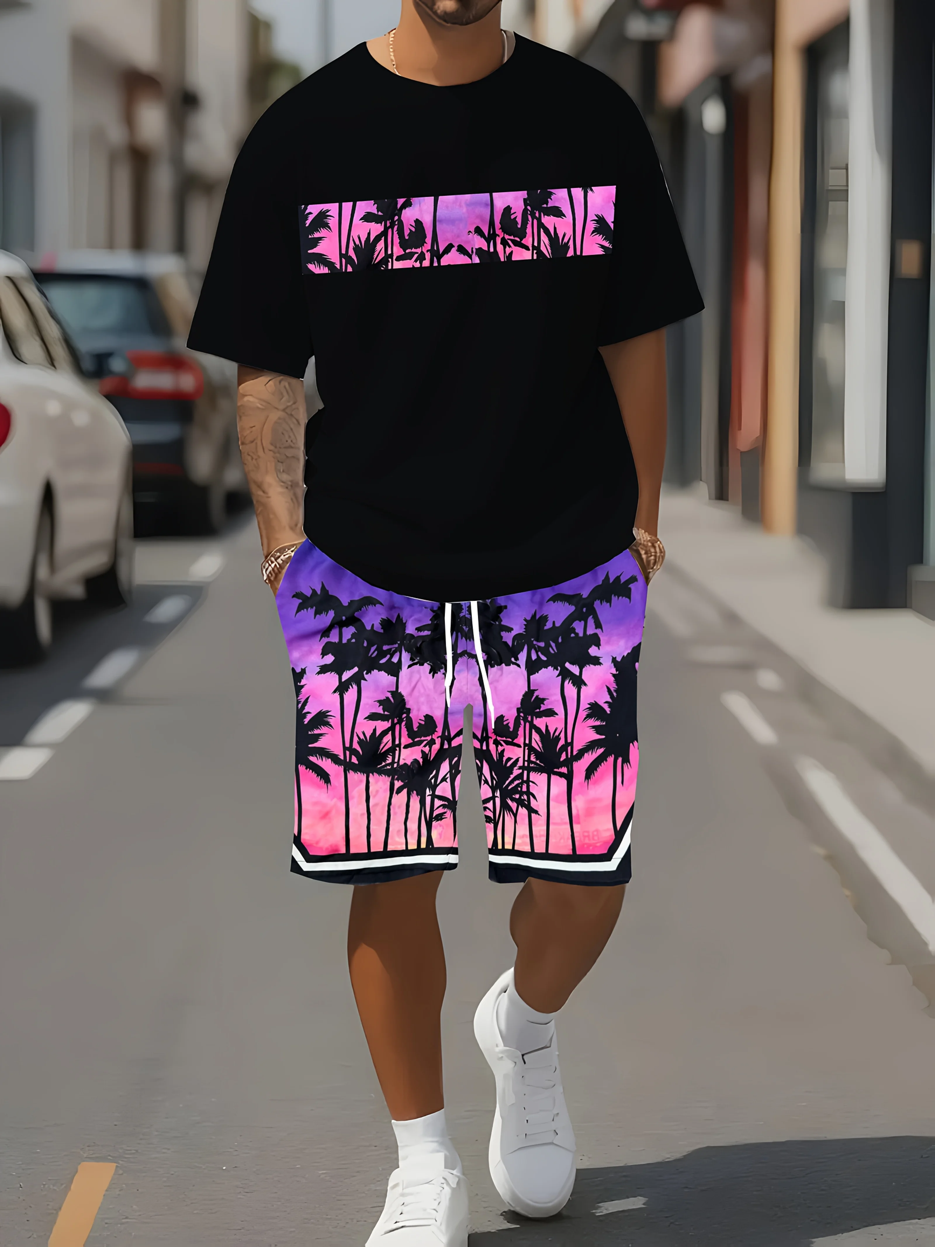

The 2025 summer new 3D Hawaiian coconut tree print men's set is casual fashionable soft comfortable and lightweight