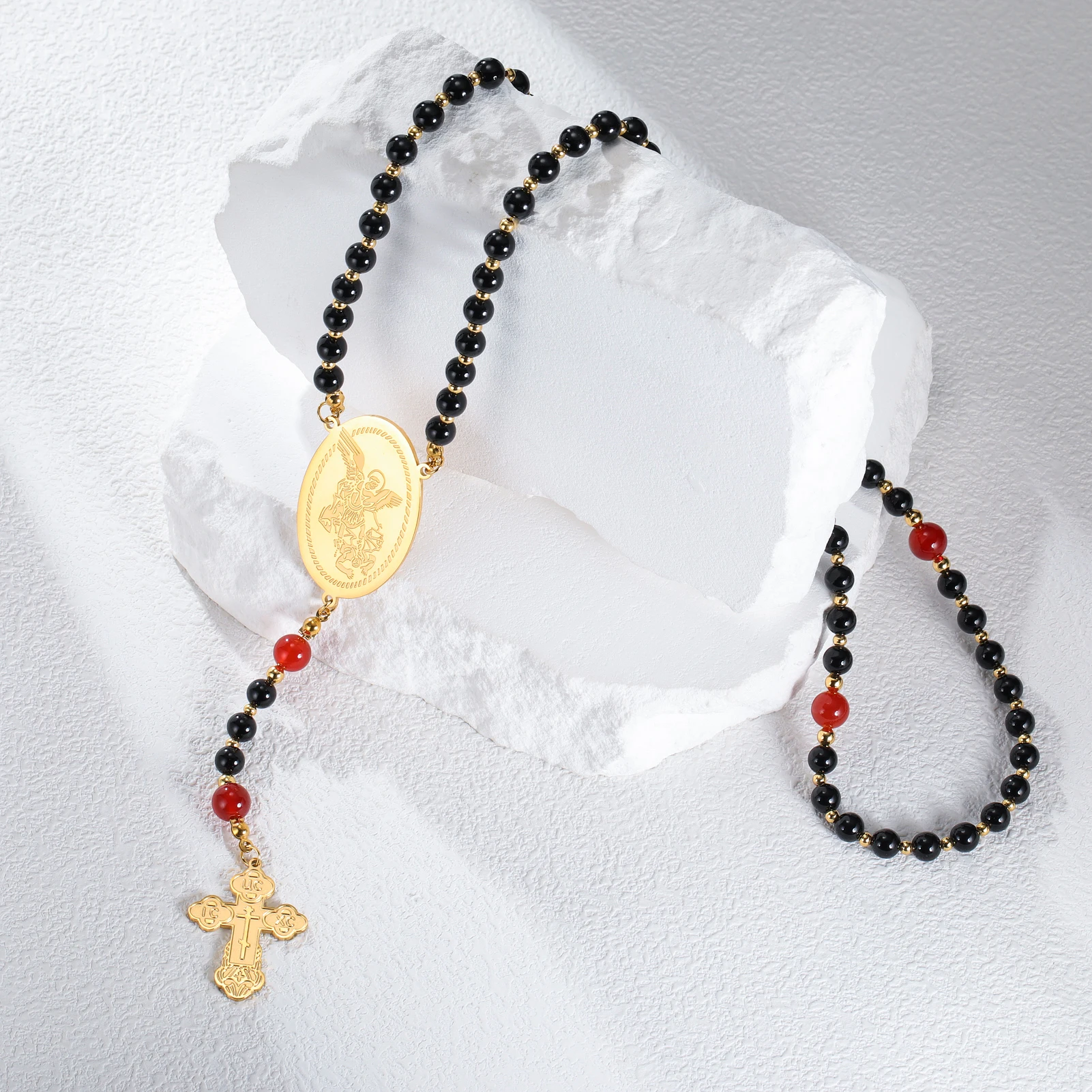 LIKGREAT Angel Wing Cross Necklace Protection Black Obsidian Red Agate Bead Chain Good Luck Courage Strength Amulet Jewlery Gift