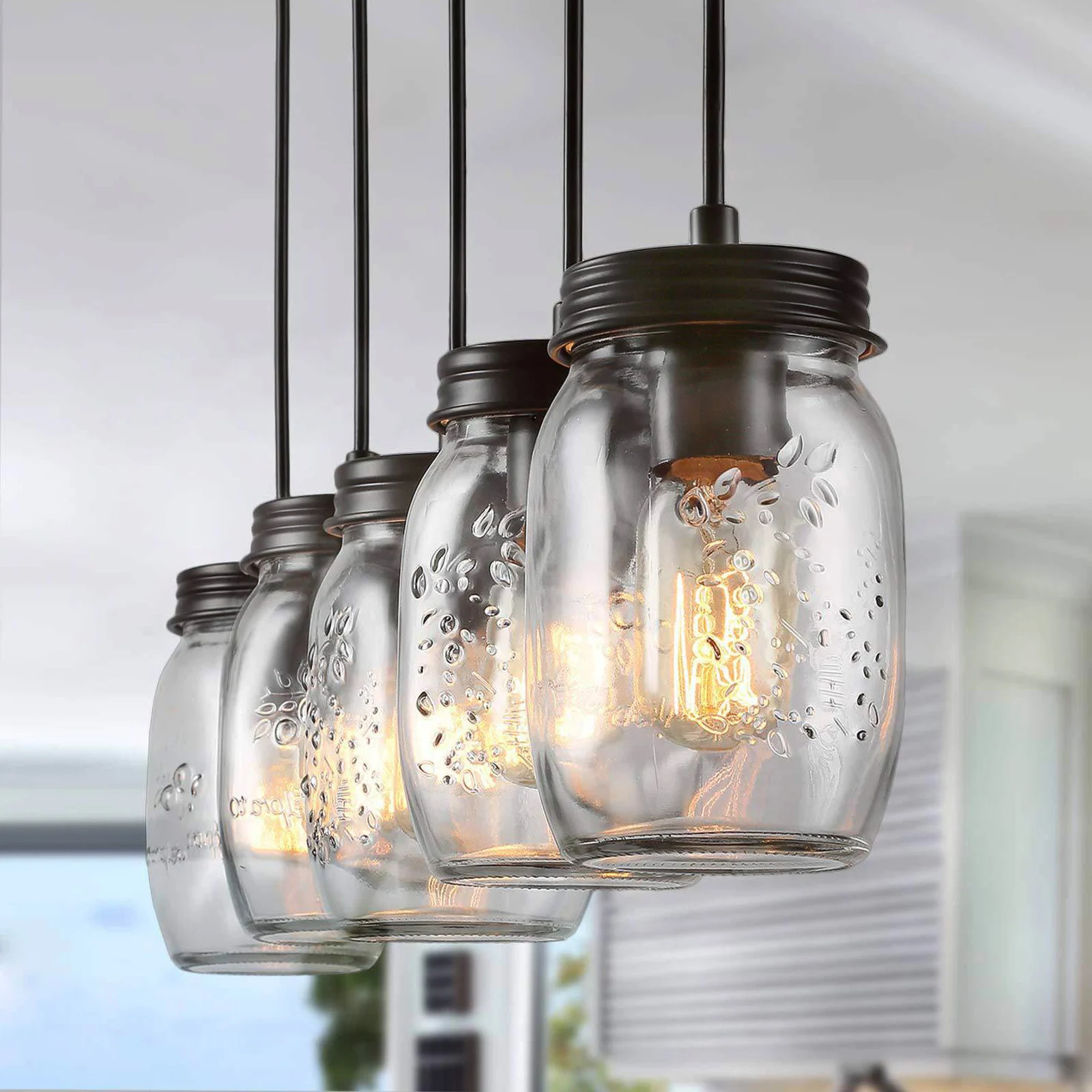 5-Head Hanging Light Lantern 20m²/ Applicable Area Black Glass Pendant Light Fixture, Vintage Pendant Lights for Kitchen Island with Glass Shade/Dining Room/Entryway/Stairway/Cafe/Club/Bar/Restaurant