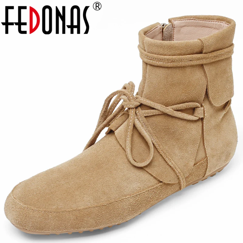 

FEDONAS Women Ankle Boots Flats Fashion Zipper Round Toe Casual Shoes Woman Cow Suede Leather Lace-Up Autumn Winter Short Boots