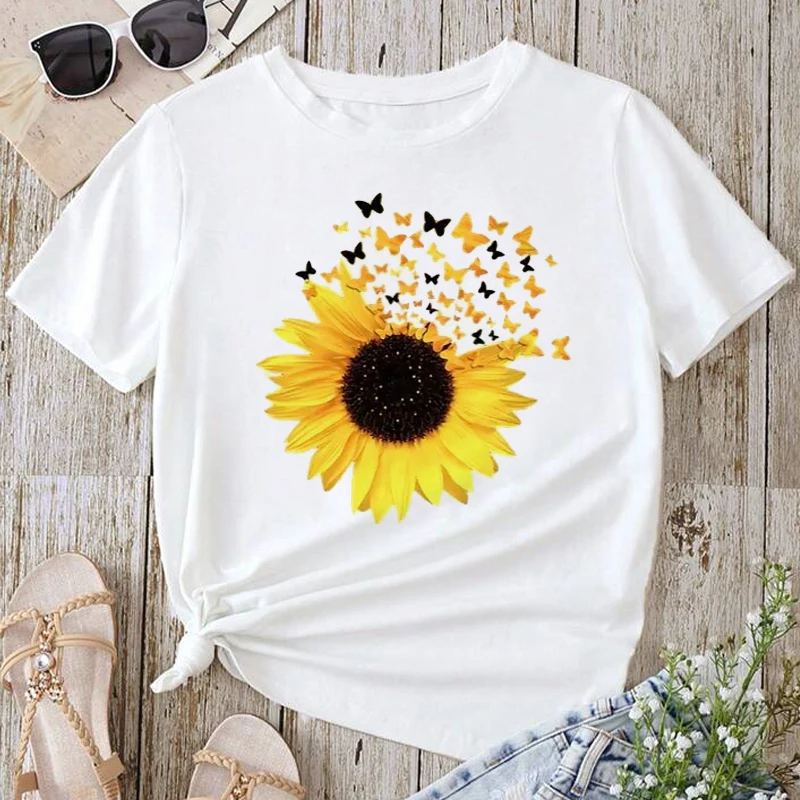 Neue Schmetterling Sonnenblume Grafik Gedruckt Frauen T-shirt Mode Lässig Kurzarm Frau Kleidung 90er Jahre Nette Mädchen Weibliche Tops tees