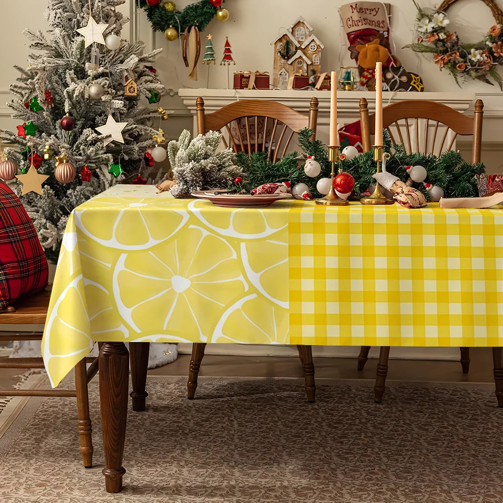 Yellow Lemon Blue Stripes Waterproof table cloth, splash-proof tablecloth, for party, Halloween, Christmas, dining, camping