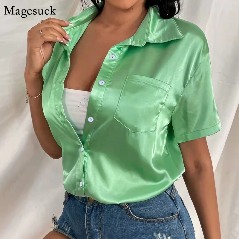 Fashion Casual Satin Blouse Women Summer 2022 Loose Button Up Silk Women Shirt Solid Office Lady Short Sleeve Blouses Tops 20009