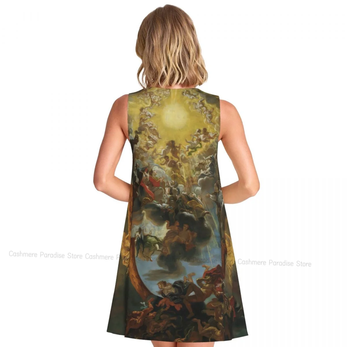 Vestido feminino casual até o joelho com nome de Jesus, gola redonda, sem mangas acima do vestido