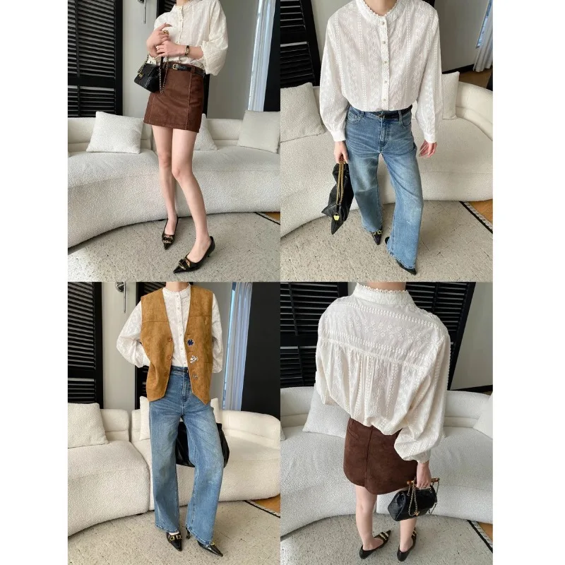 Women White Embroidered Blouse Lace Trim Stand Collar Puff Sleeve Button Front Elegant Shirt For Office And Daily Wear QV45