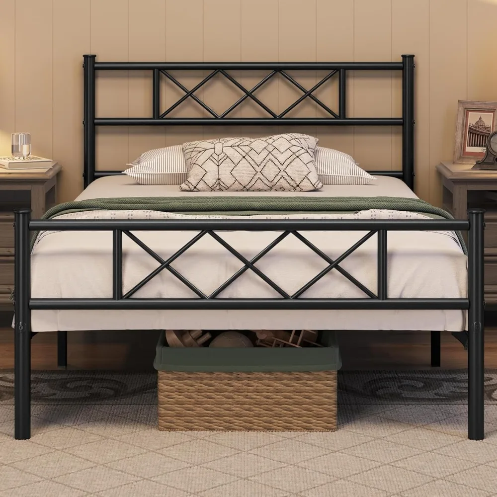 

Twin 13 inch Black Industrial Platform Metal Bed Frame with Headboard and Footboard Mattress Foundation No Box