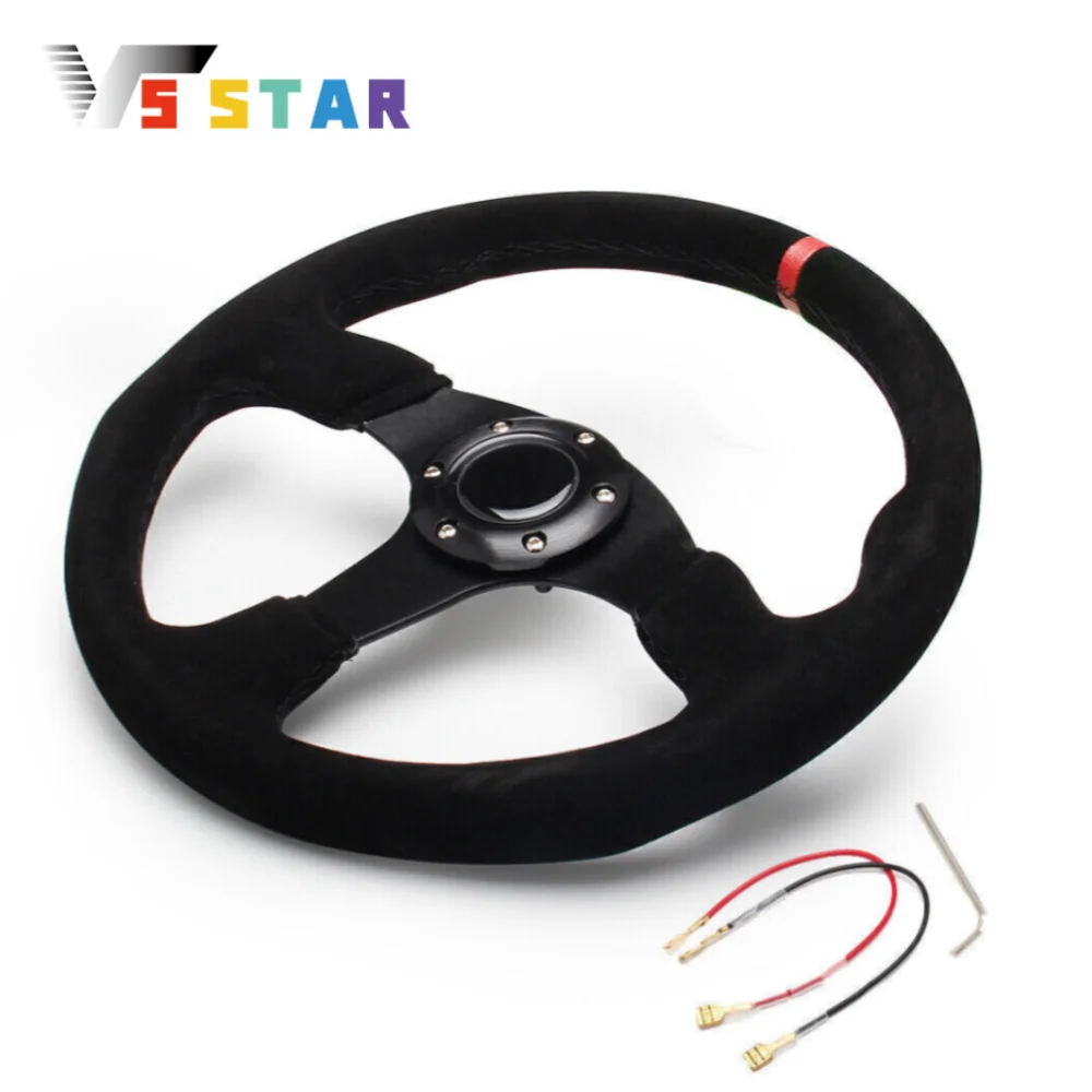 عجلة قيادة عالمية مقاس 14 بوصة 350 مم من جلد الغزال الأحمر مع زر قرن من سبائك الألومنيوم