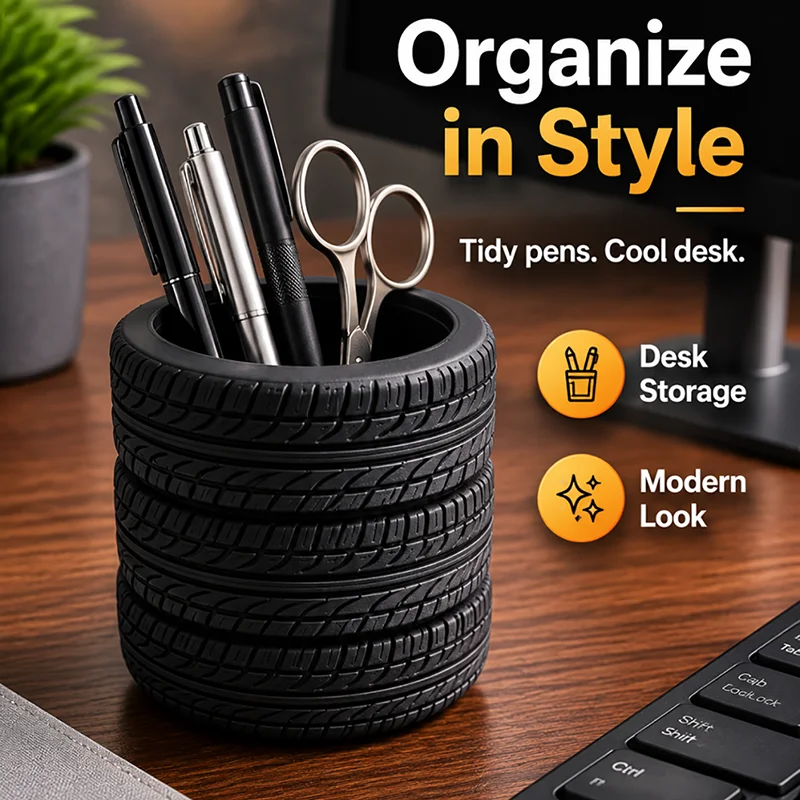 Suporte Criativo para Canetas em Formato de Pneu, Organizador de Mesa para Casa, Caixa de Armazenamento para Material Escolar e Pincéis de Maquiagem, Item Decorativo para Casa