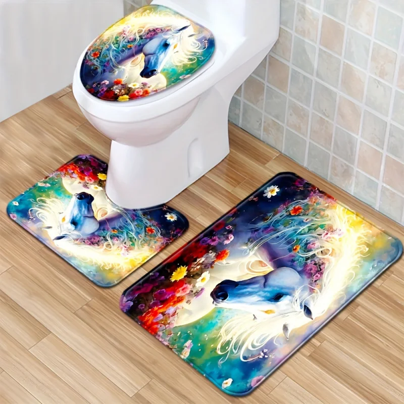 1/3pcs Flower Bush White Horse Floor Cover Toilet Carpet Absorbent Door Mat Bathroom Three-piece Set Ant