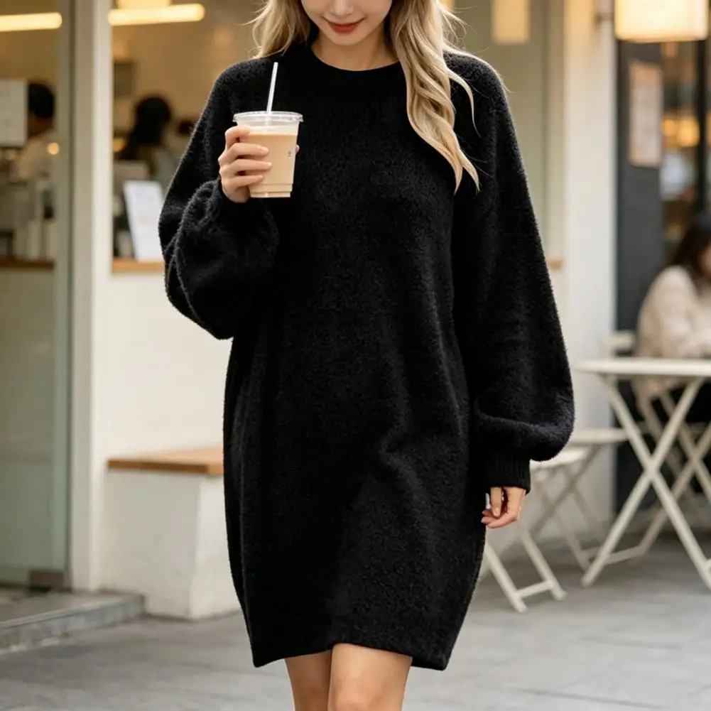 Women’s Round Neck Sweater Dress Oversized Silhouette Solid Tone Long Sleeve Winter Comfort Wear