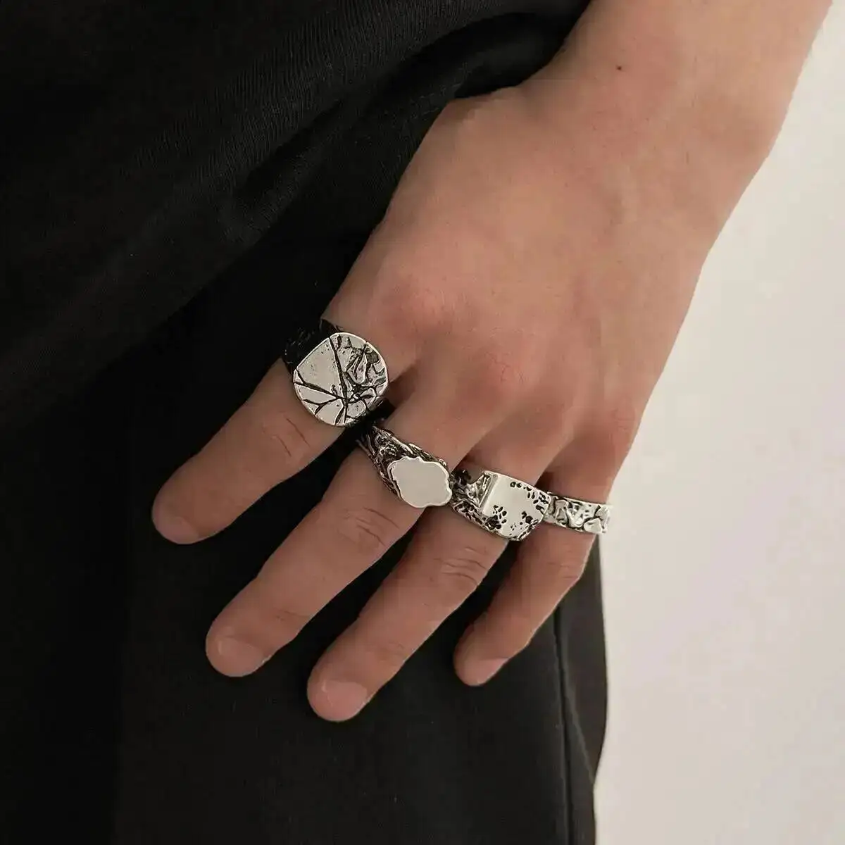 SHIXIN 4Pcs/Set Punk Irregular Pleated Metal Open Rings Man Trend Hip Hop Wide Finger Ring Male Street Party Jewelry Accessories