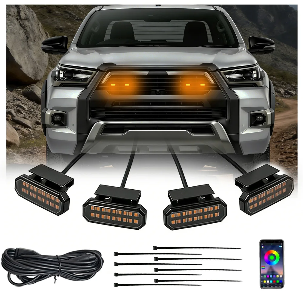 

4PCS front grille light universal clip on car LED amber with wiring harness and fuse upgraded buckle grille light
